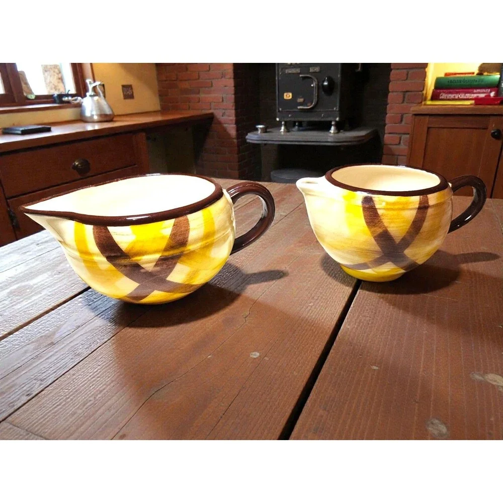 Vintage Vernonware Organdie Gravy Boat & Pitcher Set Yellow Plaid Gingham MCM